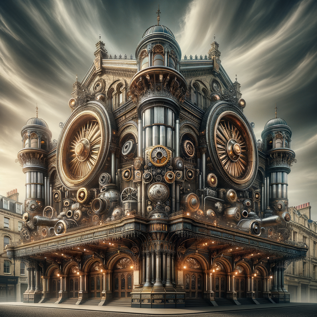 Create an image showcasing steampunk architecture, focusing on the exterior view of a grand theater. The style should reflect award-winning architectural photography from a science fiction magazine. The theater, a masterpiece of steampunk design, combines Victorian influences with futuristic, mechanical elements. Its intricate facade features exposed gears, brass pipes, and steam vents, all integrated into the ornate, classical structure. The building should be set against a dramatic sky, highlighting its unique features and the interplay of light and shadow, capturing the essence of a high-quality, professional architectural photograph.